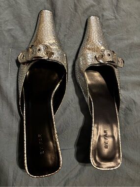 BY FAR Metallic Silver Snake-Embossed Mule Slides with Buckle